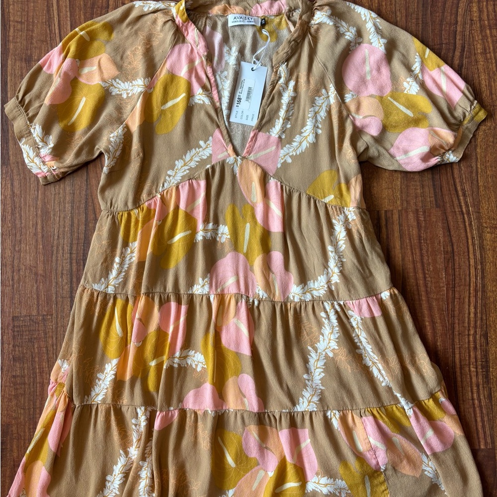 Ava Sky fighting eel anthurium beige lei Tan Dress with Pink and Floral Print XS